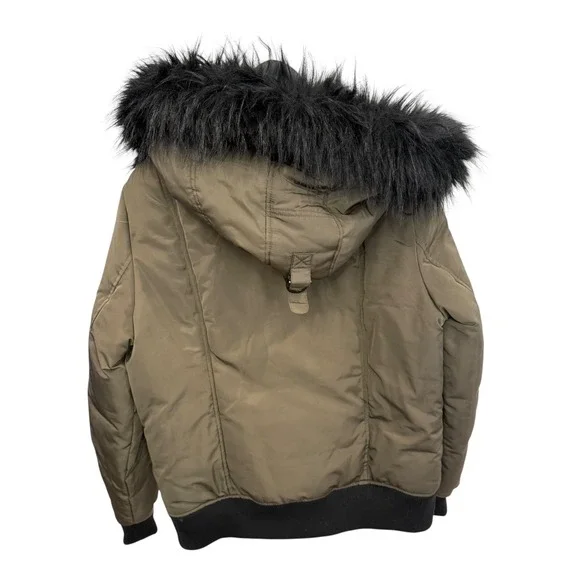 DKNY Women's Puffer Bomber Jacket Faux Fur Trim Hooded Khaki Olive Green - Picture 2 of 7